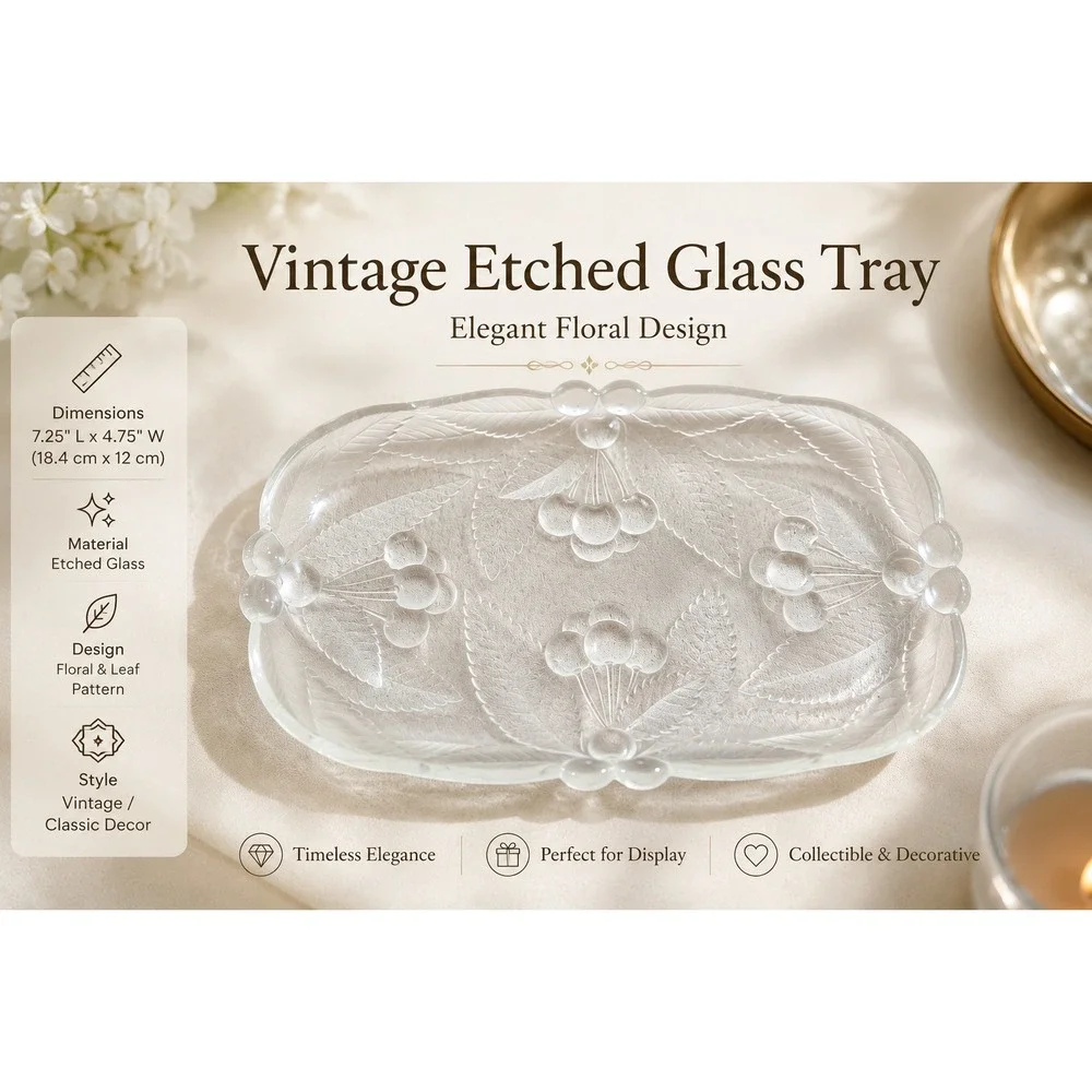 Vintage Frosted Art Glass Tray Cherry Berry Relief French Art Deco Lalique Style